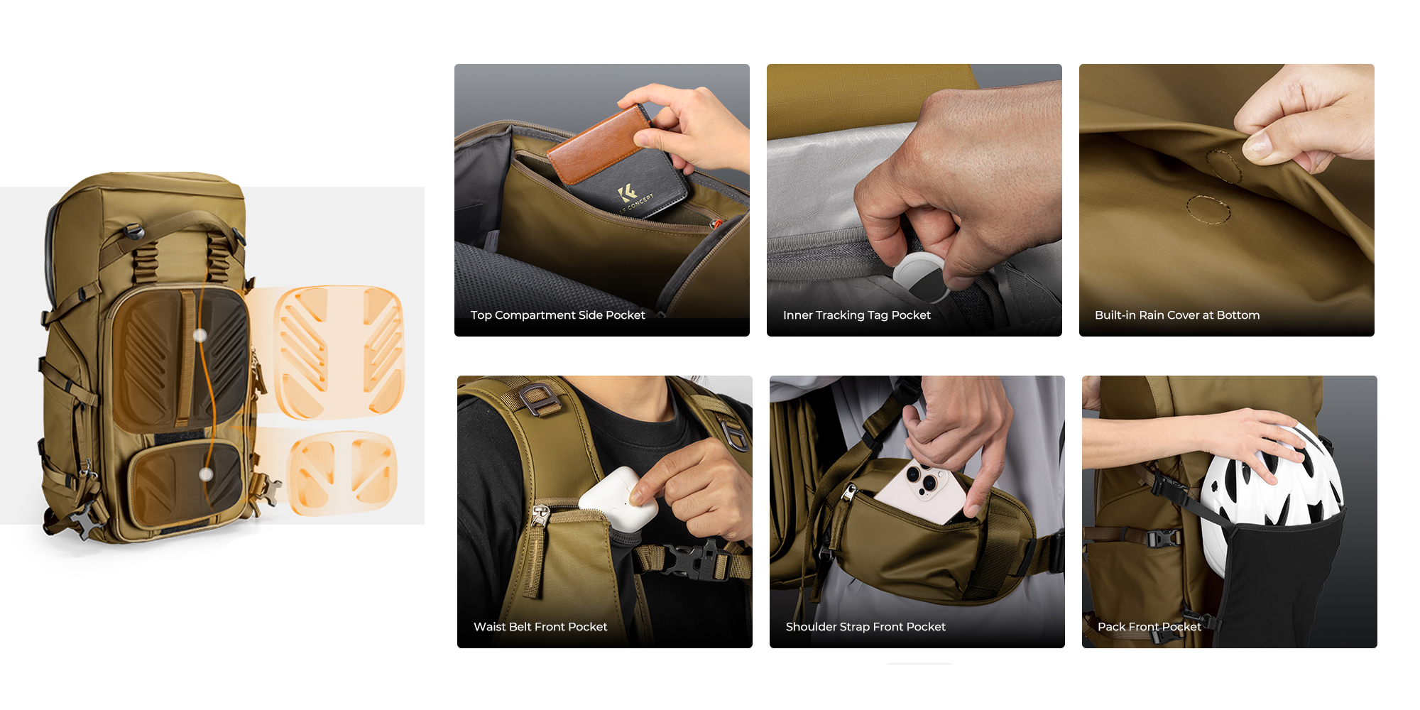 Plecak fotograficzny K&F Concept Star Wander 05 40 l - khaki - Przemyślana organizacja przestrzeni